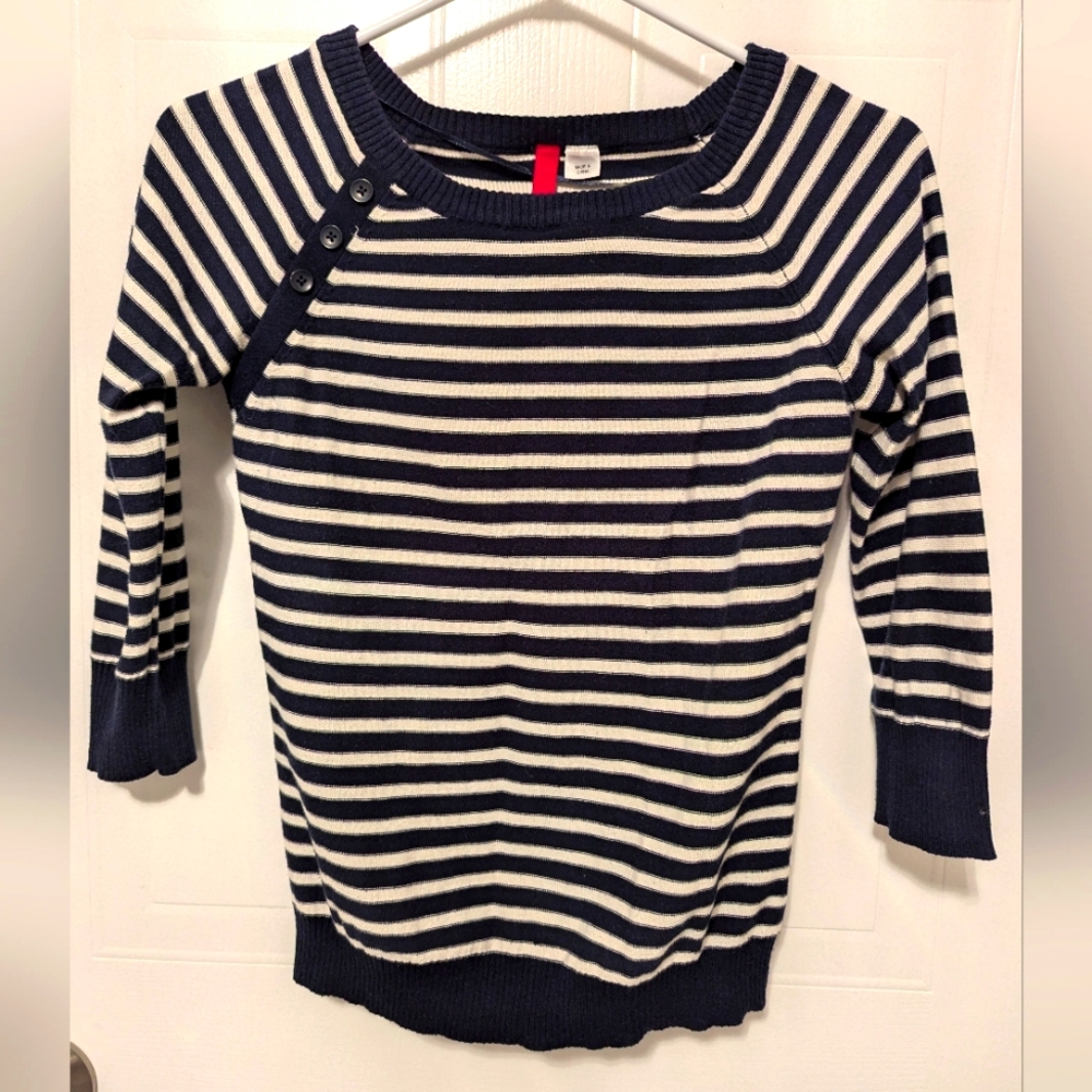 3/$20 Stripped Sweater, 3/4 Sleeve, Navy Blue and White, Size 4/S